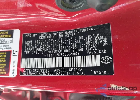 2012 Toyota Camry Se из США, поврежденный, VIN 4T1BF1FK8CU551968